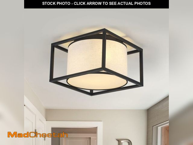 Lot 74-12862994 - Semi Flush Mount Ceiling Light Fixture, 3-Light Fabric Drum Shade Ceiling Light With Black Metal Fra...