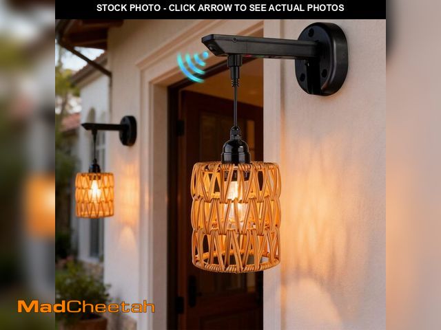Lot 74-14144409 - ALL FORTUNE Solar Outdoor Wall Lights, 2 Pack Boho Rattan Lantern Wall Sconce, IP65 Solar Sconce Lig...