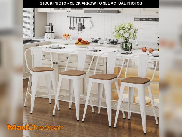 Lot 74-12163811 - ALISH 24 Inch Industrial Bar Stools Set of 4, High Back Metal Barstools with Large Wood Seat, Counte...