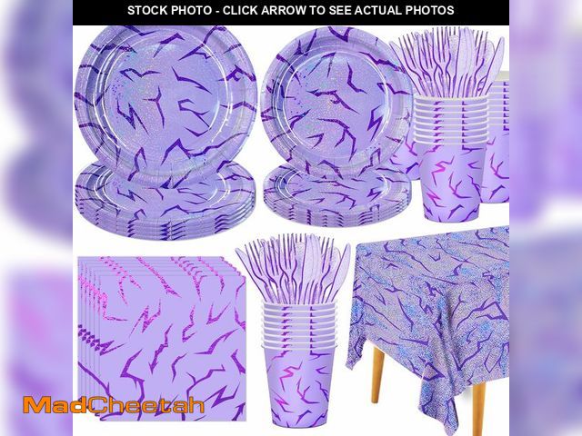 Lot 74-14379617 - Demon Hunters Birthday Tableware for 24 Guests, Purple Holographic Laser Energy Pattern Plates Cups ...