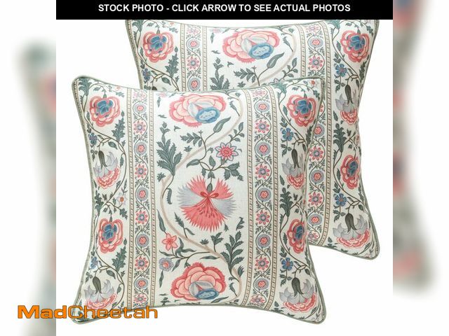 Lot 74-12437647 - ISAENNE Design Square Retro Elegance Linen Throw Pillow Covers 18"x18" Pack of 2, Green Pink Floral ...