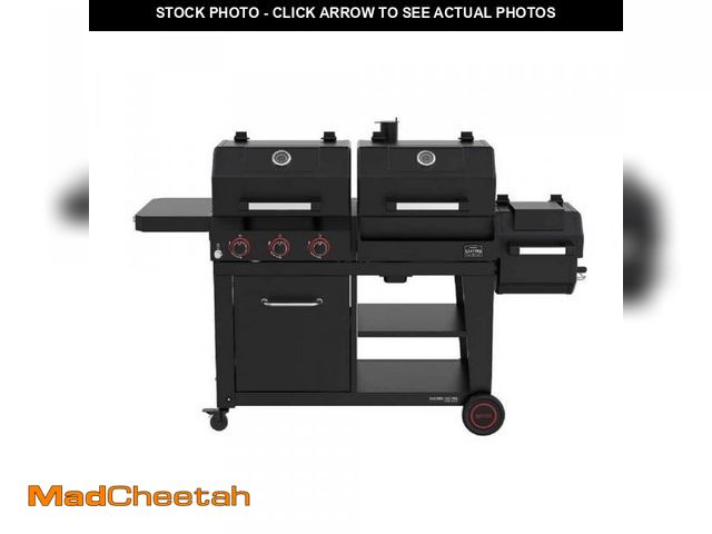 Lot 74-12528440 - Nexgrill Oakford 1150 Pro 3-Burner Propane Gas and Offset Charcoal Smoker Combo Grill in Black - UNU...