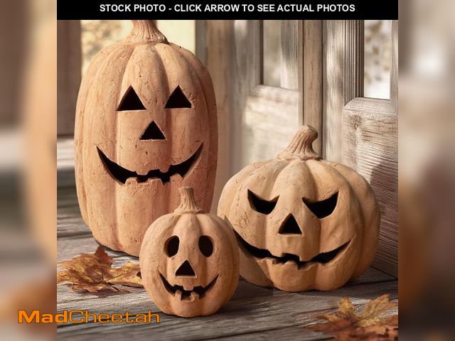 Lot 74-12435826 - Fall Decor - Halloween Decorations - Handmade Terracotta Pumpkin Jack O' Lantern Outdoor Indoor - Cu...