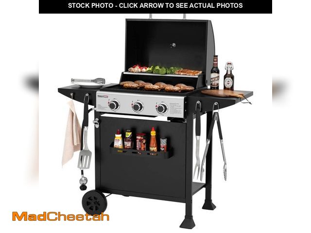 Lot 74-12804626 - Royal Gourmet 3-Burner BBQ Liquid Propane Gas Grill with Front Spice Rack, 2 Side Shelves and Hooks,...