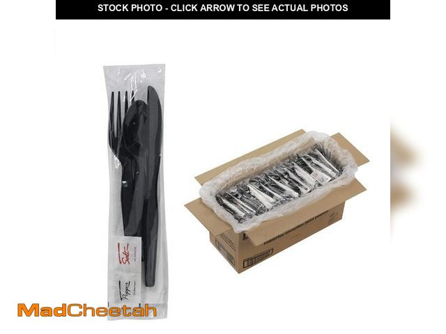 Lot 74-12599271 - 100 Black &amp; Silver Plastic Cutlery Packets - Knife, Fork, Spoon, Napkin, Salt &amp; Pepper Sets ...
