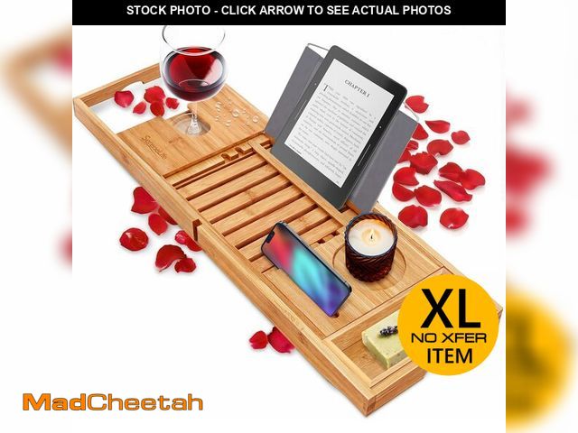 Lot 74-13042398 - SereneLife Luxury Bamboo Bathtub Caddy Tray - Adjustable Natural Wood Bath Tub Organizer with Wine H...