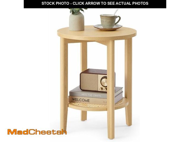 Lot 74-12544446 - VASAGLE Round Side End Table, 2-Tier Boho Bedside Table with Rattan-Look Storage Shelf, Nightstand f...