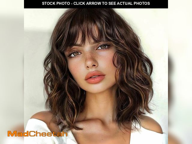 Lot 74-12700356 - ENTRANCED STYLES Brown Highlight Wig with Bangs for Women Short Wavy Curly Brown Bob Wigs Medium Len...