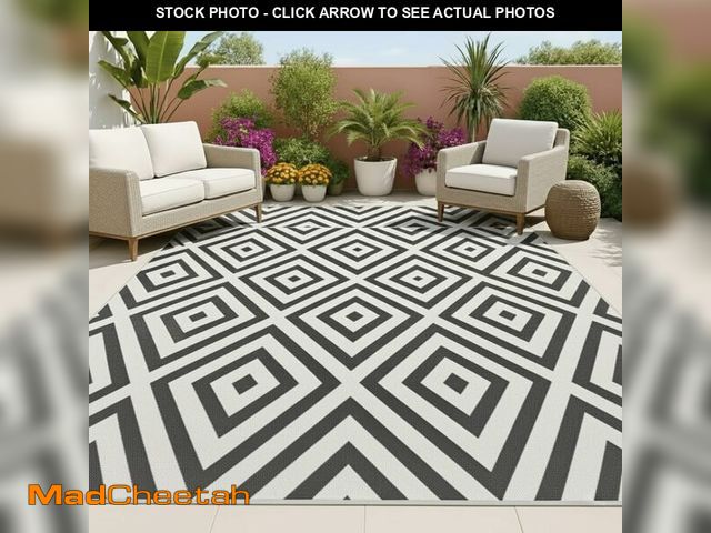 Lot 74-14348948 - Outdoor Rug - 8x10 Outdoor Area Rug for Patio - Easy to Clean - Black and White Diamond Pattern - Ou...