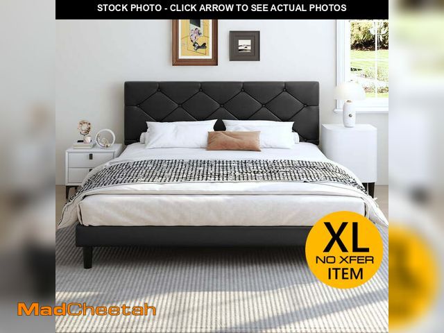 Lot 74-12548572 - UHOMEPRO Upholstered Platform Queen Bed Frame with Headboard, Modern Black Faux Leather Queen Bed Fr...