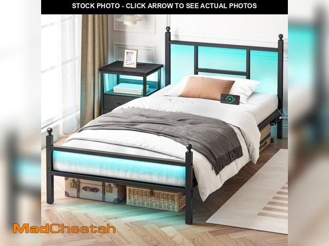 Lot 74-12154403 - Fixwal Twin Bed Frame with Charging Station, Metal Bed Frame with Port and Outlet, Black - UNUSED