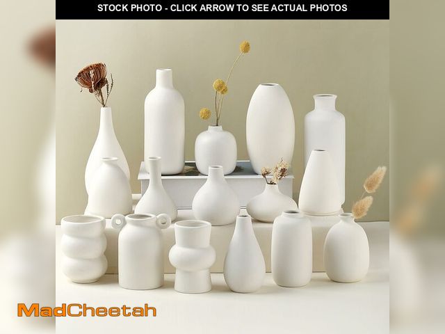 Lot 74-13564230 - Parlamain Set of 16 White Ceramic Bud Vases, Minimalist Boho Small Pampas Grass Flower Vase for Farm...