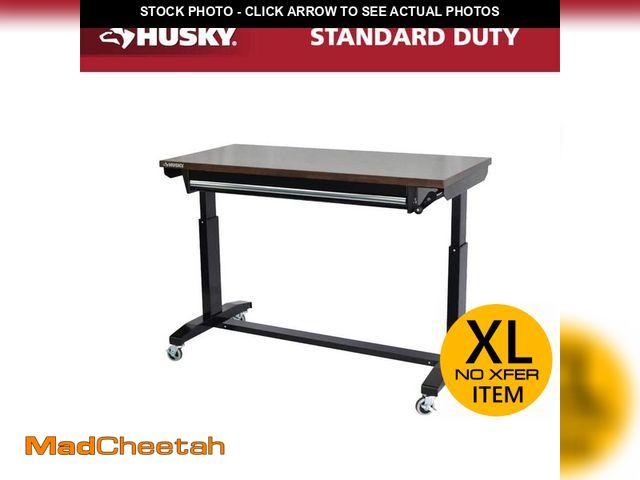Lot 74-14376385 - Husky 52 in. W x 24 in. D 1-Drawer Adjustable Height Gloss Black Workbench with Dark Stained Wood To...