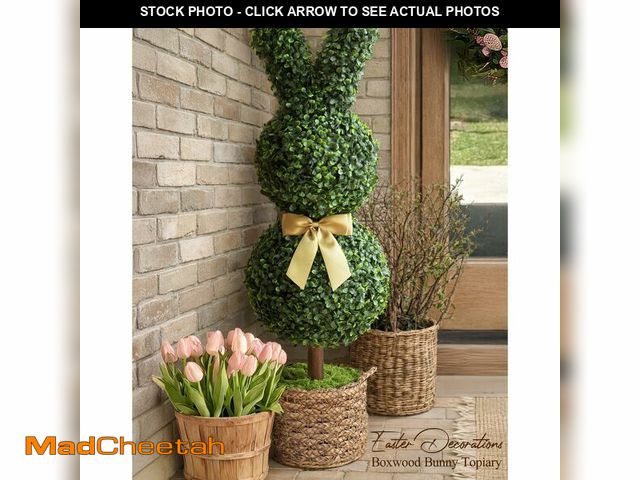 Lot 74-13542478 - Easter Decorations - 3 Ft Boxwood Bunny Topiary with Bow - Artificial Bunny Shaped Tree with Planter...