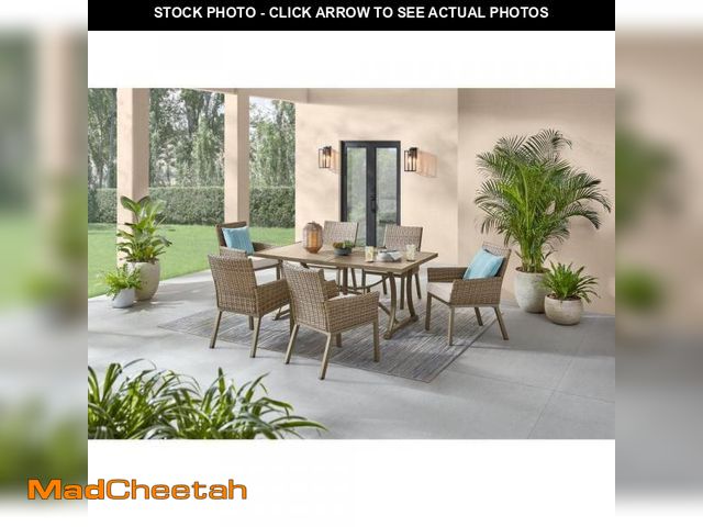 Lot 74-11994888 - Hampton Bay Holly Cove 7-Piece Wicker Rectangular Outdoor Dining Set with CushionGuard Almond Cushio...