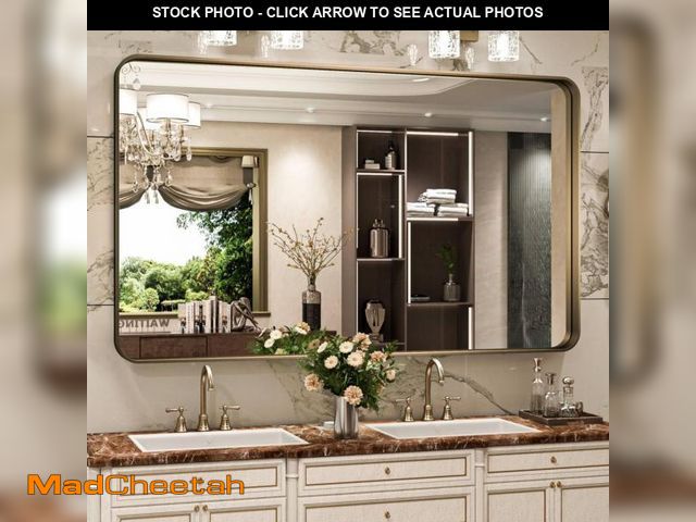 Lot 74-12226862 - JISOSO Bronze Bathroom Mirror 55x36 Inch, Brushed Bronze Metal Frame Mirror for Wall, Rounded Rectan...