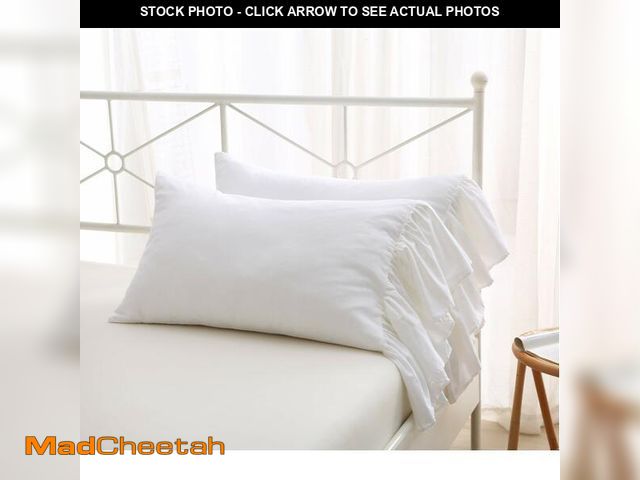 Lot 74-14386772 - White Bed Pillow Covers Shams Cases with Long Ruffles Standard Size Cotton Shabby Chic Pillowcases 2...