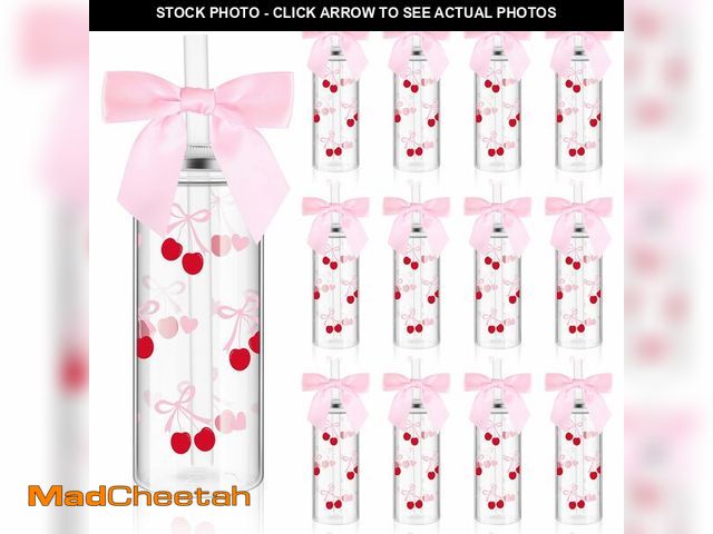 Lot 74-14213535 - Skylety 12 Pcs Pink Bow Plastic Bottle Bulk Cherry Pink Plastic Cups with Straw Lid and Twist Bow Cu...