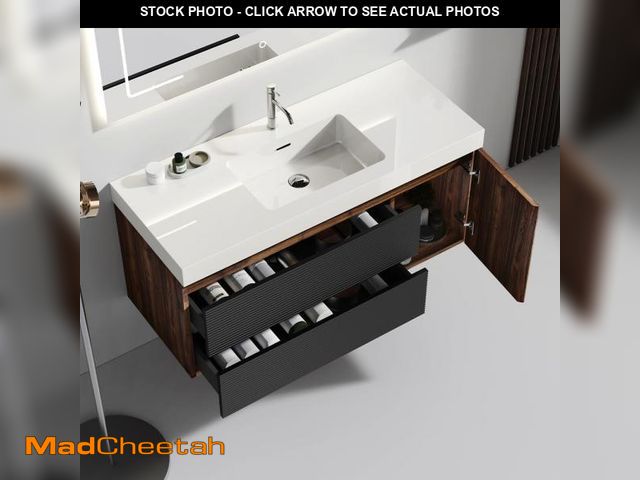 Lot 74-12134031 - KEIKI 48" Pre-Assembled Single Sink Bathroom Vanity,Modern Wall-Mount Walnut Wood Vanities with Whit...