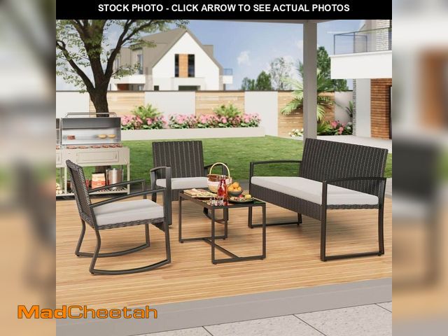 Lot 74-14112521 - Lofka 4 Piece Outdoor Patio Furniture Set with Glass Coffee Table, Rocking Wicker Bistro Set, for Ba...