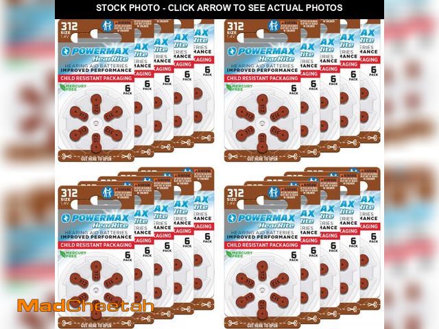Lot 74-11856075 - Powermax Size 312 Hearing Aid Batteries, 120 Count Long-Lasting Battery Pack, Brown Long Tab for Eas...