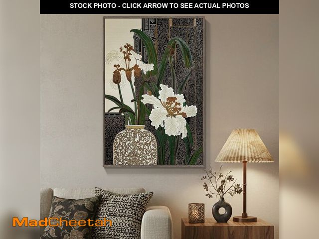 Lot 74-14347808 - Framed Vertical Vintage Botanical Wall Art, Retro Zen Chinoiserie White Floral Canvas, Antique Asian...
