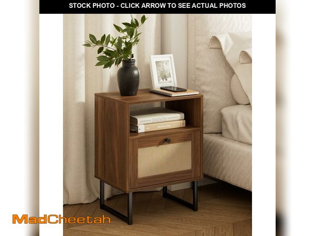 Lot 74-13952170 - Masupu Rattan Nightstand,Modern Boho Farmhouse Wood Bedside Table with Storage Drawer and Open Shelf...