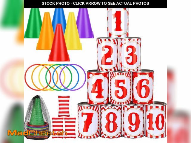 Lot 74-14212693 - PullCrease 29 Pcs 4 in 1 Carnival Games Set: Bean Bags, Plastic Cones, Carnival Cans, Rings for Adul...