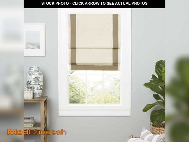 Lot 74-11721774 - Exclusive Home Frontera 100% Blackout Roman Shade, 27"x64", Natural/Taupe - UNUSED