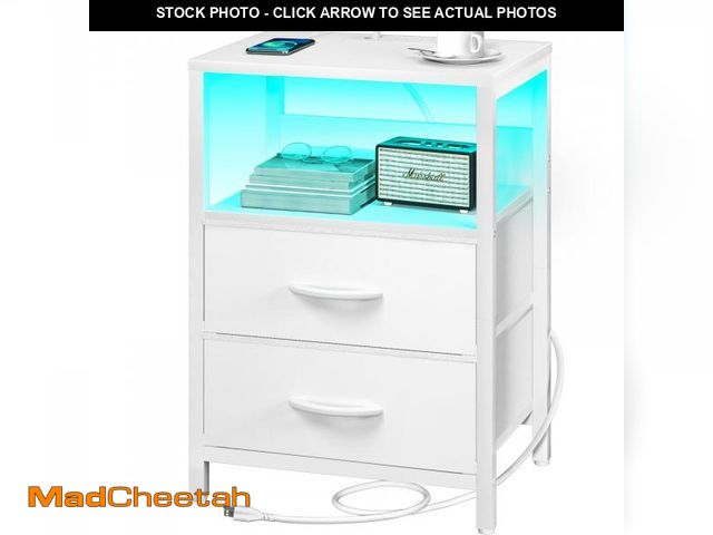 Lot 74-12053499 - Yoobure Nightstand with Charging Station, LED Night Stand with Fabric Drawers and Storage Shelf for ...