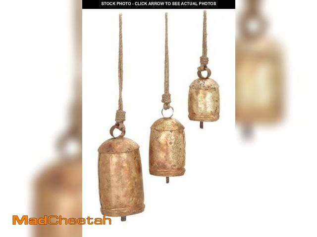 Lot 74-12387885 - Deco 79 Gold Metal Tibetan Inspired Decorative Giant XL Cow Bells with Jute Hanging Rope, Set of 3 1...