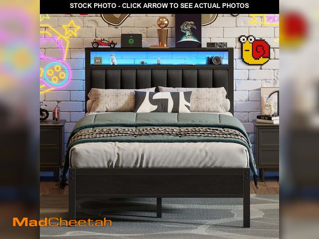 Lot 74-14324001 - Satifur Queen LED Bed Frame with Smart RGB Lights, Headboard Charging Station, Versatile Storage Sol...