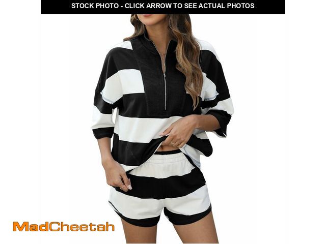 Lot 74-14335526 - IQSQSQ Womens Striped Short Set 2 Piece Half Zip Top and Shorts Lounge Set - UNUSED