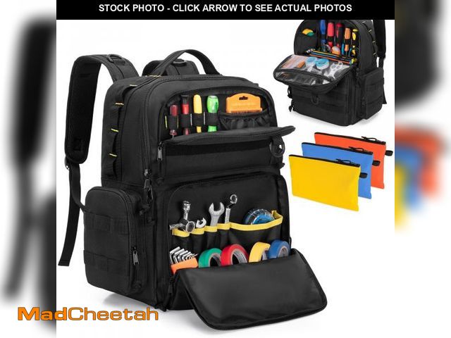 Lot 74-12120257 - Rexmica Tool Bag Backpack for Men with 3 Tool Pouches, Heavy-Duty Tool Storage Organizer Bag with Pa...