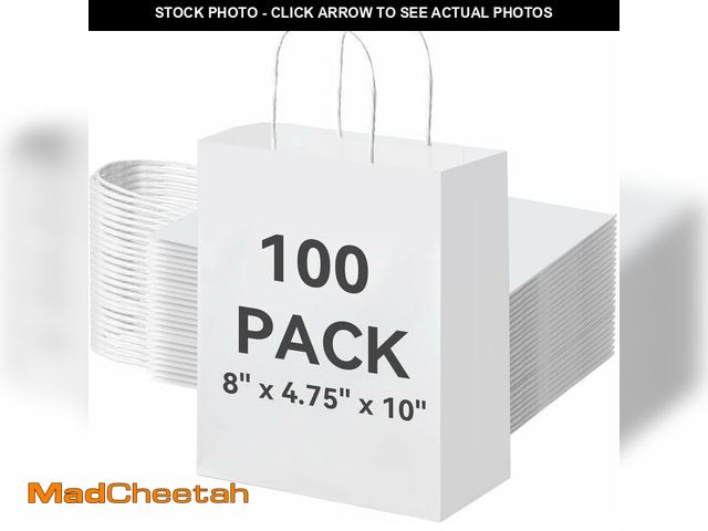 Lot 74-12543898 - Brothersbox 100Pcs White Paper Gift Bags Medium Size 8x4.75x10 inch, Kraft Paper Bags with Handles B...