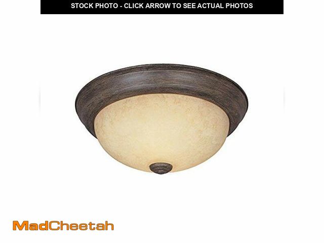 Lot 74-12664965 - Designers Fountain 15 in Rustic 3-Light Flush Mount Ceiling Light, Warm Mahogany with Amber Glass Sh...
