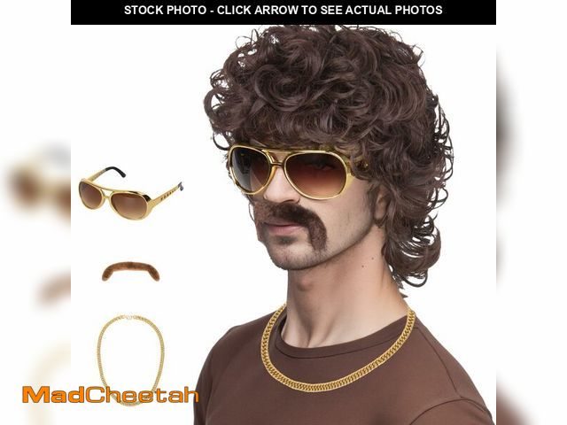 Lot 74-12714453 - M MISS U HAIR 70s Wigs for Men Disco Wig for Halloween Party Short Brown Feathered Hair with Glasses...