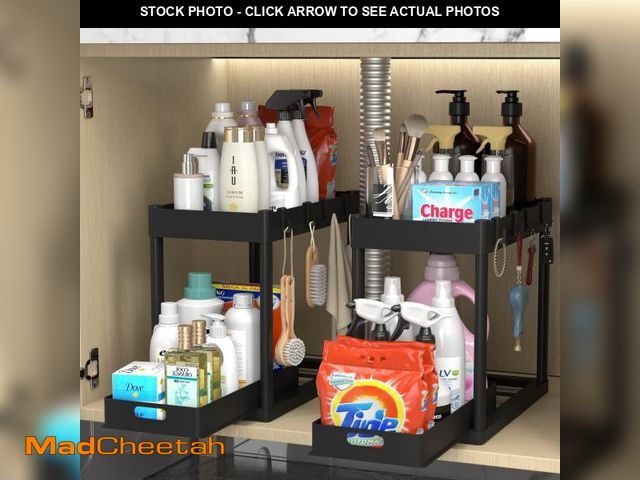 Lot 74-11555435 - POUGNY 2PC Under Sink Organizer Rack 2 Tier Under Sliding Cabinet Basket Organizer Drawer with 4 Hoo...