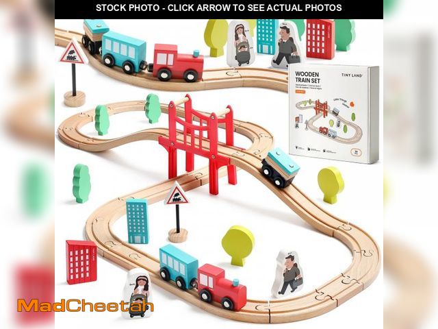 Lot 74-12052686 - Tiny Land Wooden Train Set for Toddler - 39 Pcs- with Wooden Tracks fits Thomas, fits Brio, fits Chu...