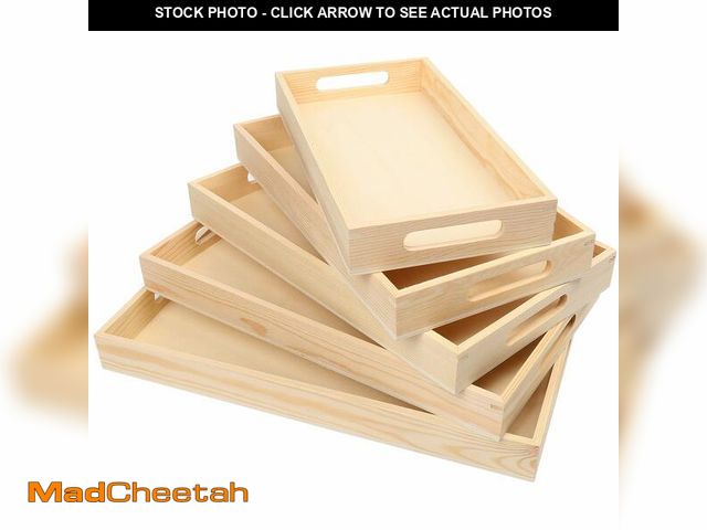 Lot 74-12703088 - LotFancy Wooden Nested Serving Trays, Set of 5, Unfinished Natural Wood Trays with Handles, for Craf...