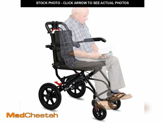 Lot 74-12598054 - Large Portable Aluminum Transport Wheelchair | Handbrake &amp; 12" Rear Wheels | Lightweight Folding...