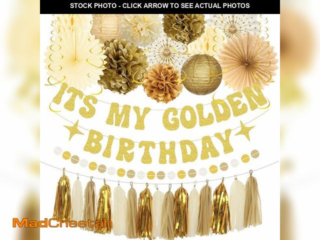 Lot 74-14152391 - Roetyce Golden Birthday Party Decorations, Gold Glitter It's My Golden Birthday Banner Photo Backgro...