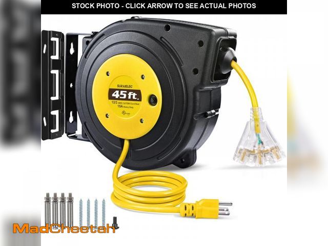 Lot 74-11858207 - SURAIELEC 12 Gauge Extension Cord Reel, 45 FT Retractable Extension Cord, 12 AWG/3C SJTOW Heavy Duty...