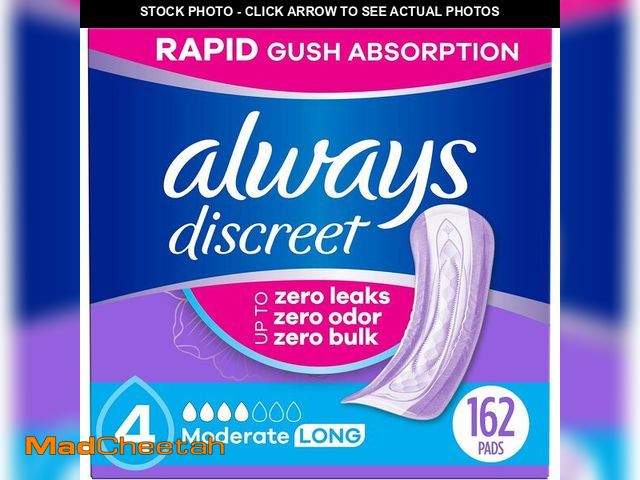 Lot 74-14348483 - Always Discreet Adult Incontinence Pads for Women, Drier, 4 Drop Long Length, Moderate Absorbency, P...