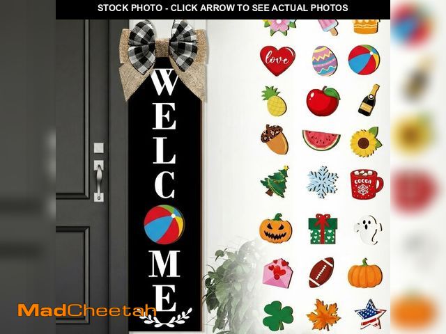 Lot 74-14339575 - Sintuff Holiday Interchangeable Welcome Sign for Front Door Wood Porch Sign with 24 Pcs Seasonal Ico...