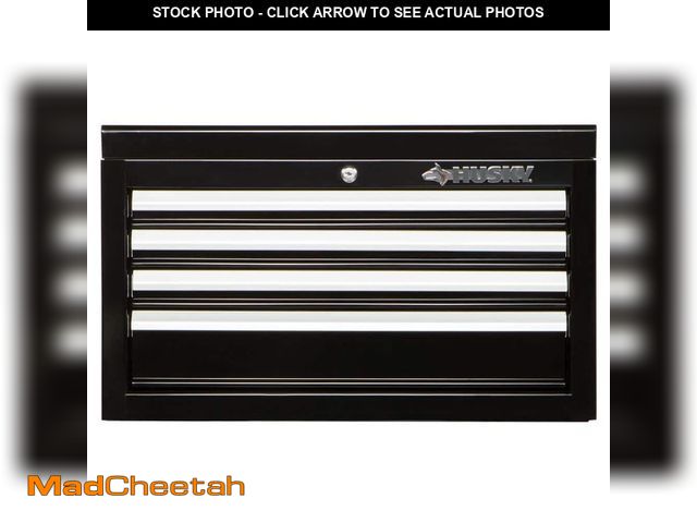 Lot 74-14467035 - Husky 26 in. W x 12 in. D Standard Duty 4-Drawer Top Tool Chest in Gloss Black HKST98065BK - UNUSED