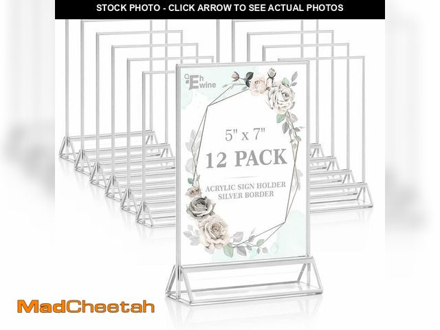 Lot 74-14146891 - EHWINE 12 Pack Acrylic Sign Holder 5 x 7, Double Sided Silver Picture Frame Stand up Table Top Sign ...