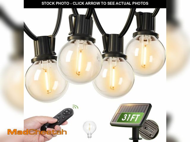 Lot 74-12450133 - addlon 31FT (25+6) Solar String Lights with Remote, 13 Shatterproof G40 Bulbs, Solar Powered &amp; U...