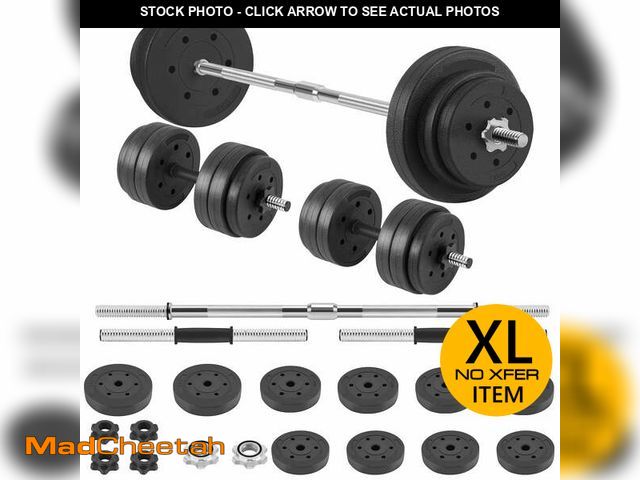 Lot 74-13765123 - (MISSING 2 DUMBELL HOLDERS) FIXTECH 66LB 2 in 1 Olympic Adjustable Weight Set with Straight Bar As B...