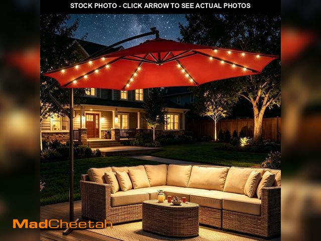 Lot 74-14323282 - Patbrela 10ft Offset Hanging Patio Umbrella with 32 LED Lights and Easy Tilt Adjustment, Market Outd...